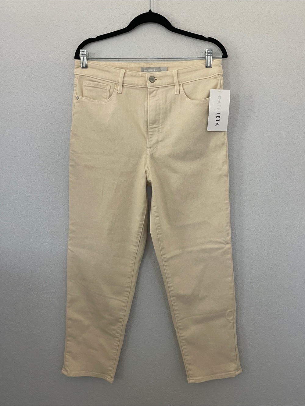 Athleta Flex Straight Leg Ankle Jeans Bone Cream High Rise Stretch NWT Size 12